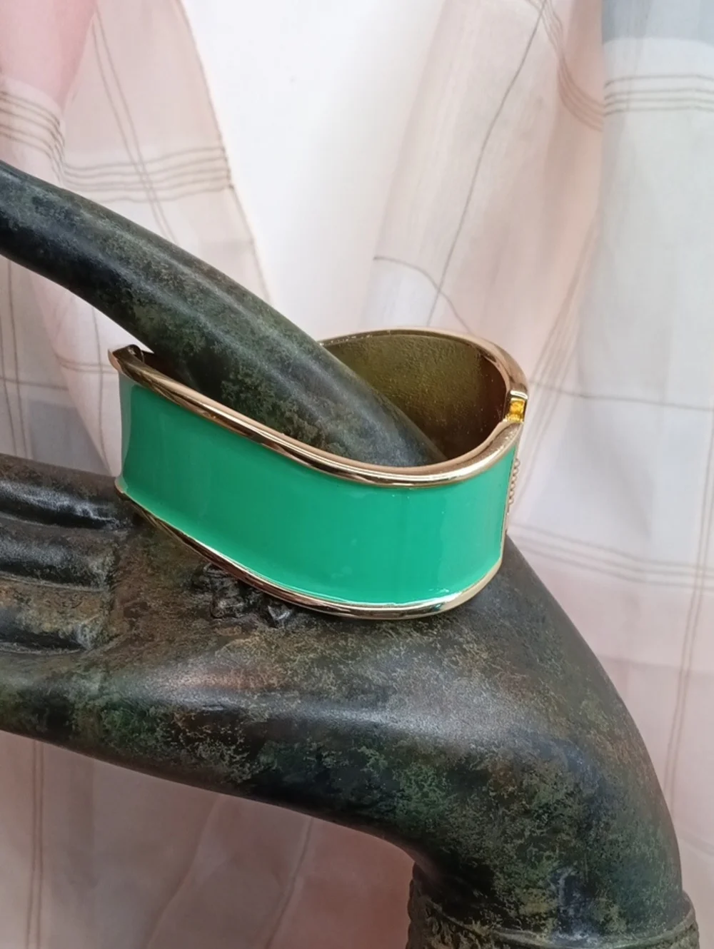 Asymmetrical Green Enamel Gold-Tone Wide Hinged Bangle Bracelet